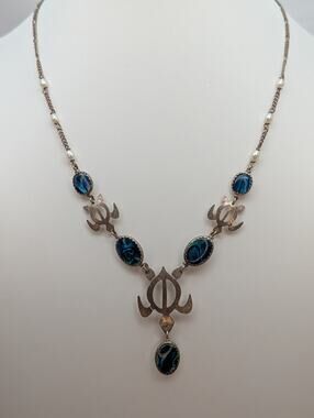 Handmade Artisan 925 Sterling Silver Abalone Pearl Sea Turtle Necklace
